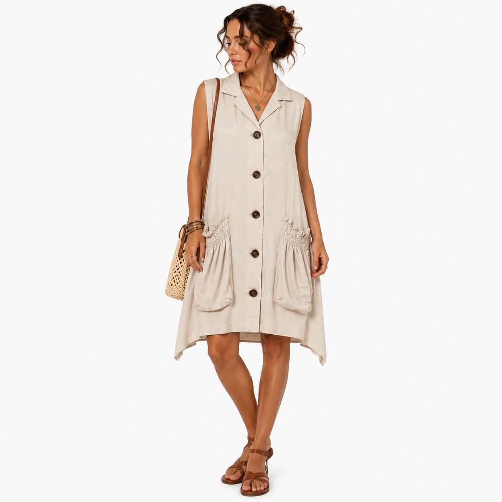 For Cynthia Shirt Dress Womens M Linen Blend Lagenlook Shark Bite Hem Pockets